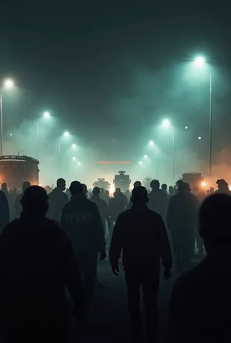 "A powerful and dramatic night scene showing a military crackdown on civilians at Islamabads D-Chowk. The foreground shows distressed and frightened people, with dark smoke, chaos, and tear gas in the air. Military vehicles and armed soldiers are visible i...