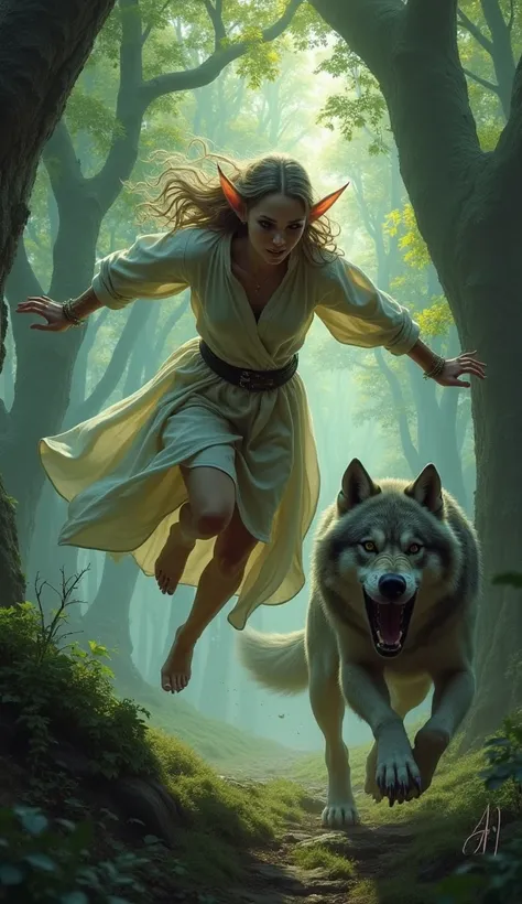 a female elf fell being chased by a wild wolf