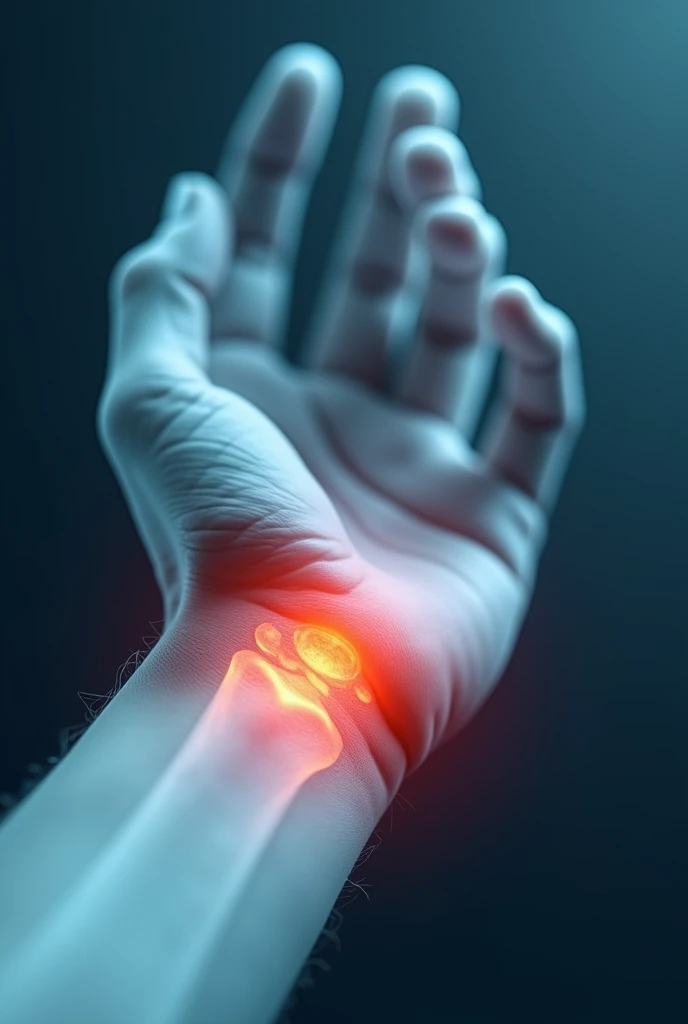 "Close-up of a human wrist showing a fractured radius bone with visible swelling and redness. The hand is slightly immobilized, and the setting is clinical, with soft lighting to emphasize the injury."