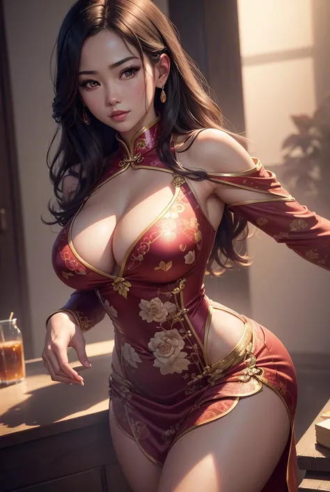 illustration by artgerm,ayami kojima,attractive woman,perfect body,hyperfeminine curves,floral body hugging cheongsam,cute cleavage, revealing chest and playful,vibrant,emotive expressions,(best quality,4k,8k,highres,masterpiece:1.2),ultra-detailed,(realis...