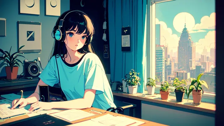 (lo-fi, retro, pale color, low contrast), (1girl, black hair, black eyes, t-shirt, headphone), (room with a moon view from the window, houseplants), (dreamy atmosphere, nostalgic)