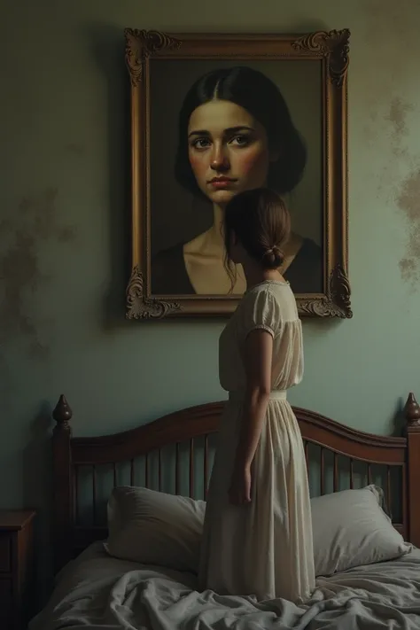 On the wall of a bedroom, before a faded portrait.

Characters: Lucy, staring at the portrait.