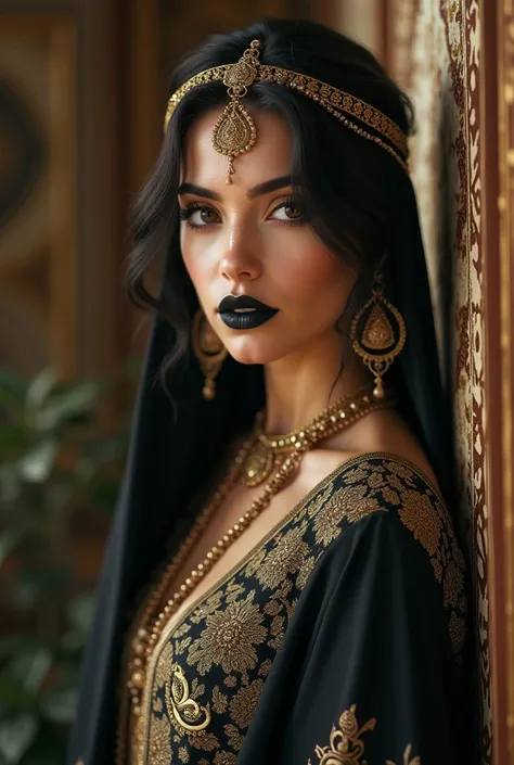 A very beautiful young girl, attraction and beauty, Arabic beauty, Islamic clothes , Dominance, light lighting, black Arabic lipstick, Islamic decoration, Islamic costume, Arab power
