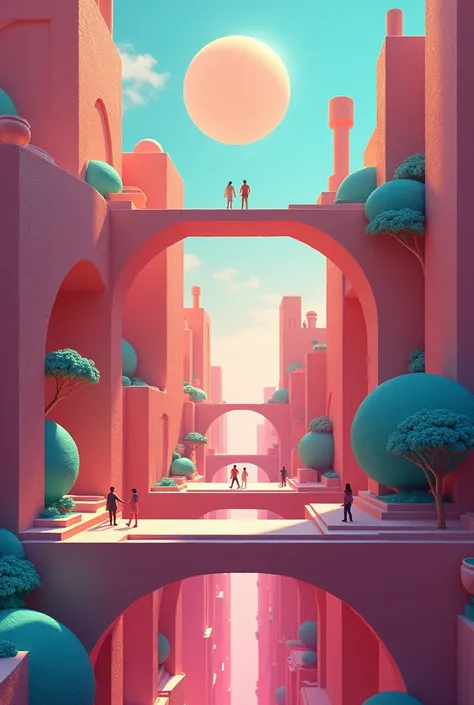 A composition of impossible geometric figures ,  like the game Monument Valley with color harmony