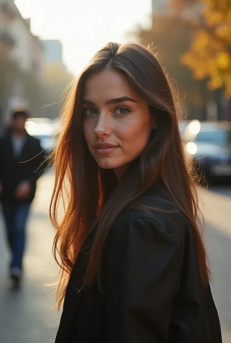 Close-up, a beautiful, lightly made-up woman turns around on a street corner. Her hair is beautiful in the soft autumn light. Passers-by and cars pass by around her, creating a busy urban autumn atmosphere.