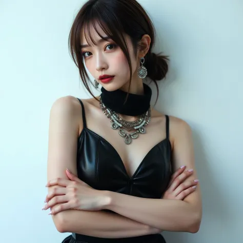   beautiful Japanese woman  , Light , length, Messy,  damp brown hair , Pose with arms crossed to highlight ,  light brown hair:1.331,  chignon hair,  Brown Eyes , Heavy makeup,  gal makeup, Landmine Girl, Dark style, black leather surgical mask to cover t...