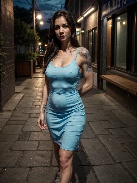 38-year-old mother, Preserved ,  athletic body, wrinkled white skin,  hip tattoo  , Wearing a low-cut blue dress on a sidewalk at night, after , Long and loose hair
