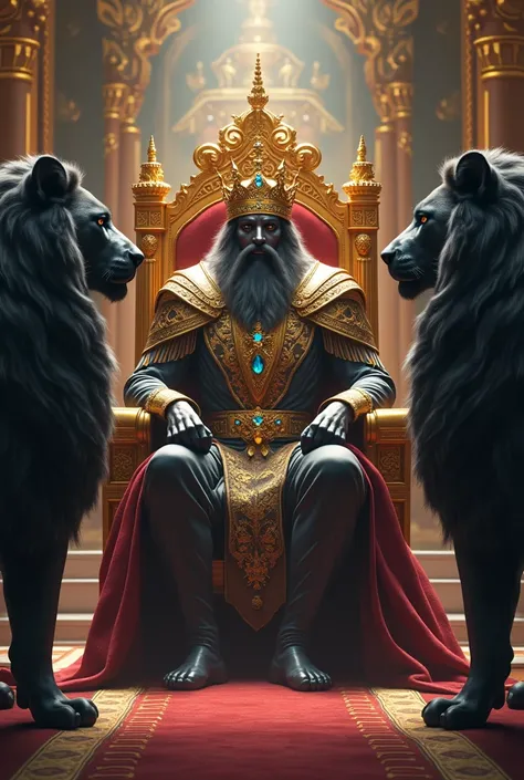 A mighty king with a massive stature sits on a crystal throne in a luxurious palace, wearing a crown adorned with gold and diamonds. His face is covered, and on either side of him stand two enormous black lions.

