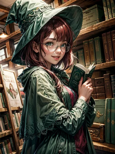 Short,  red hair ,  green eyes ,  metal-framed glasses, green witch hat, green cloak, smiling girl standing in the library holding a book.