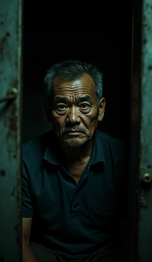 Close-up of 40 year old Vietnamese man sitting in the dark, scared face, small dark and gloomy room scene