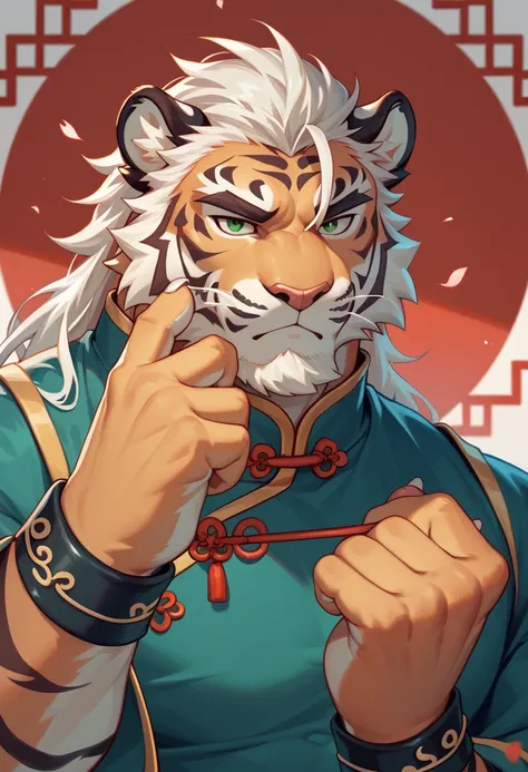 solo, furry male; front facing pose, male tiger, lean build, white hair, white beard, green eyes, Chinese clothing, looking down at the viewer, holding his cheek, stern expression