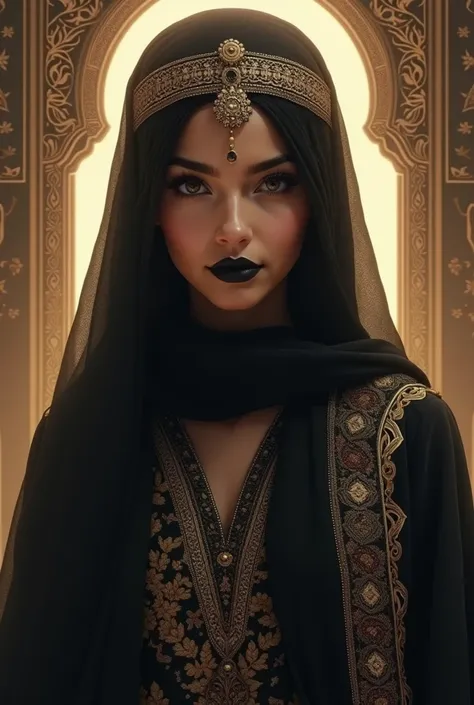 young girl, Dominance, light lighting, black Arabic lipstick, Islamic decoration, Islamic costume, Arab power
