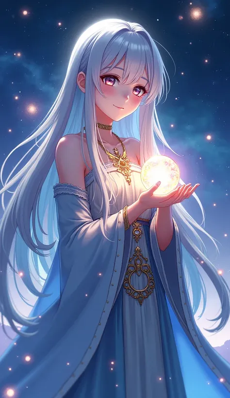 Design a serene anime girl with long, silver hair, wearing a flowing robe decorated with glowing symbols of prosperity and luck. She holds a radiant crystal orb, her eyes shimmering with the cosmic colors of fate. The background features a celestial sky fi...