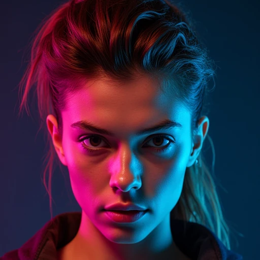 A highly detailed and visually stunning gaming avatar headshot. Create a realistic human character with a sharp, defined jawline, intense eyes, and a confident expression. The character should have futuristic cyberpunk-inspired elements, such as subtle neo...