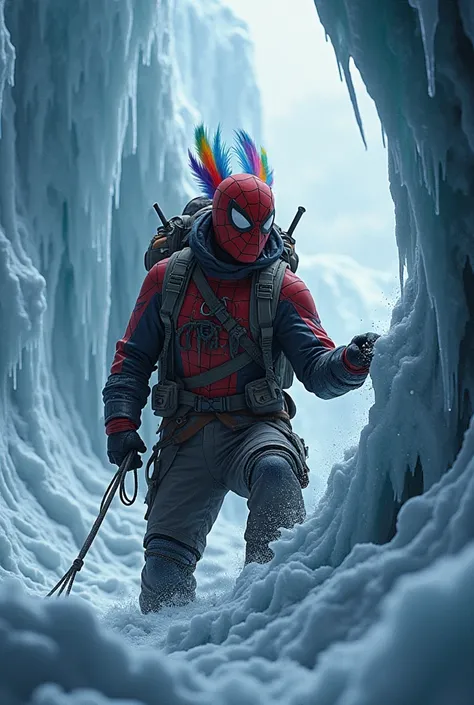 Spider-Man dressed in a north polar exploration outfit with additional feathers ,  uses a net to rescue an explorer trapped inside an ice cave.
