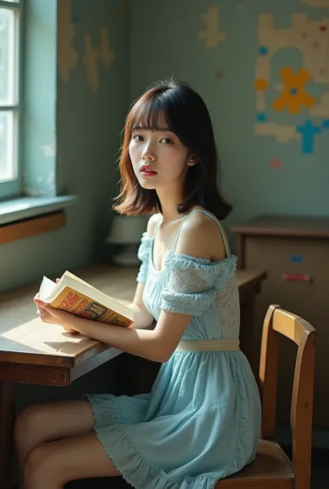 a female,kpop Suzy ,Hime cut blunt bangs hair and Updo, dress light blue lace fabric bra by YSL ,distressed paint feel, warm color palette, Holding a Harry Potter novel, sitting at a table and chair, An industrial-style school library background,Divine lig...