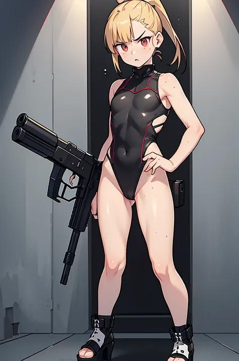 Ten_years_old girl, freckled skin, body freckles, fighting, angry scream, holding gun, ((tactic high cut leotard)), stockings, ((pale skin)) ponytail hair, soldier girl, ((standing)) front pose, ((fullbody)) sleveless, shoulderless, ((platform heels)), hol...