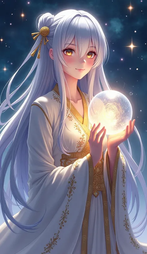 Create an elegant anime girl with long, silver hair, draped in a shimmering robe with embroidered golden symbols of fortune. She holds a glowing orb of light, with her eyes reflecting a cosmic whirl of constellations. The background is an ethereal cosmic l...