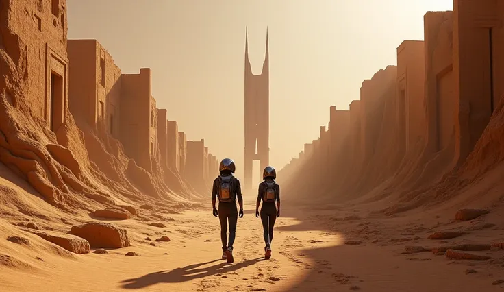 a pair of futuristic travelers, exploring the ruins of an ancient desert city, partially buried in sand, with a modern structure, dystopian sci-fi landscape, cinematic dark lighting, dramatic atmosphere, detailed architecture, intricate details, highly det...