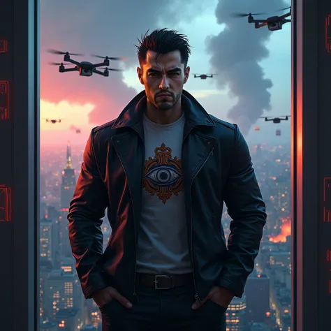 Super realistic and detailed wallpaper, tall muscular man in the office of a skyscraper, looking at the scene of apocalyptic destruction through the windows, drones flying overhead. The mans appearance is severe and attractive, wearing a black jacket, arti...