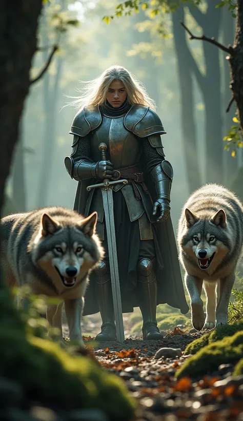 A handsome young knight with long silver hair fought a pack of ferocious wolves in the forest