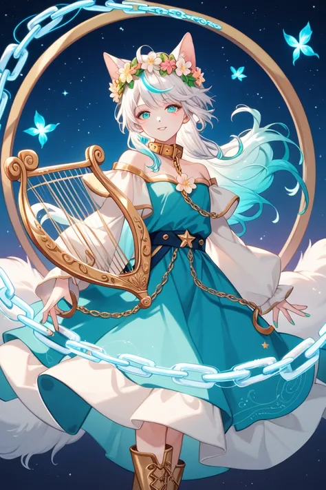 Young male
Pale skin
Slim, tall build
Angelic appearance
Glowing turquoise eyes with stars in them
Short white hair with pastel turquoise highlights, fluffy, framing face
Rainbow vibrant flower crown
Long turquoise nails
Golden harp in hand
Blue glowing ha...