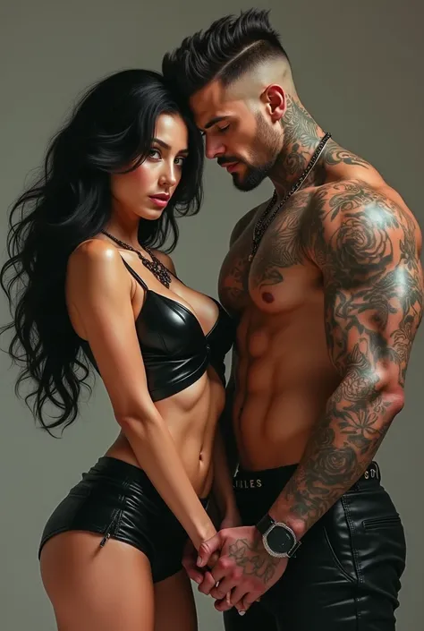 Beautiful Italian white women with black straight hair, gold eyes, plump pink lips, wearing a black leather crop top and black tight shorts being held by the wrist by a white muscular male, with brown hair with a fade haircut and brown eyes, tattoos litter...