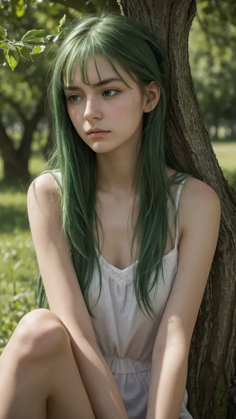 a european girl, detailed face and eyes, delicate facial features, half-closed eyes, green eyes, long messy hairstyle, green hair, sad, angry, shy, sitting against a tree