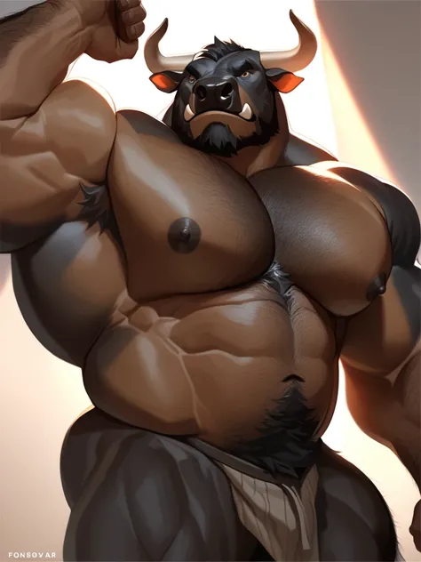 Black bara bull, black fur, very large pecs, strong physique, very muscular, perfect anatomy, masterpiece, black beard, strong jaw, giant biceps, shirtless, hairy pectorals, solo, great lighting, semi realistic, semirealistic