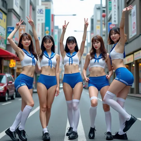 Surreal, in a corner of the streets of Shinjuku, five Japanese woman wearing tight uniforms (cute, beautiful, or innocent) with fair skin were posing in various poses together. They wore blue-collared white criscross bikini and blue hotpants with white sto...