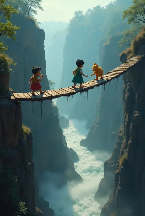 A narrow, rickety wooden bridge suspended over a deep canyon, with swirling mist below. Patlu confidently walks across, while Motu hesitates, looking nervous. In a humorous moment, Motu takes a bite of a samosa, and the bridge stabilizes as he gains confid...