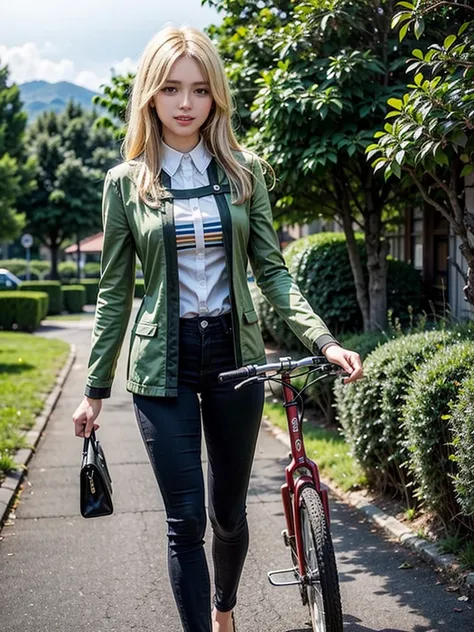 leading line,,,(surreal:1.2),(quality:1.2),(very elegant and beautiful:1.2),,(High resolution:1.3),solo,1 female, blonde hair，(perfectanatomy),(masterpiece),(best quality), miyo, ribbon, cross, pink blouse, green jacket, pants,  delighted smile, outside,mo...