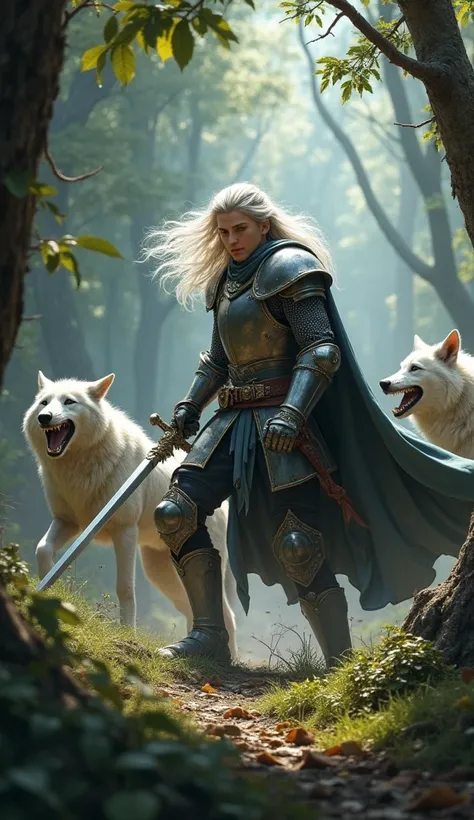 A handsome young knight with long silver hair fought a pack of wild wolves with his sword in the forest