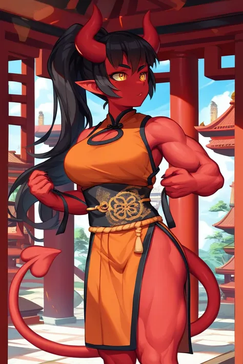 1girl, ((((((demon girl)))))), (((((red skin))))), (((Monk))), (((Shaolin ))), (((( Shaolin  Monk)))), ((((Shaolin monk clothes)))), (((orange clothes)))),  colored skin , Alone, TAIL, horns, ((((red skin)))), long hair, muscle ,(((((muscle female))))), bu...