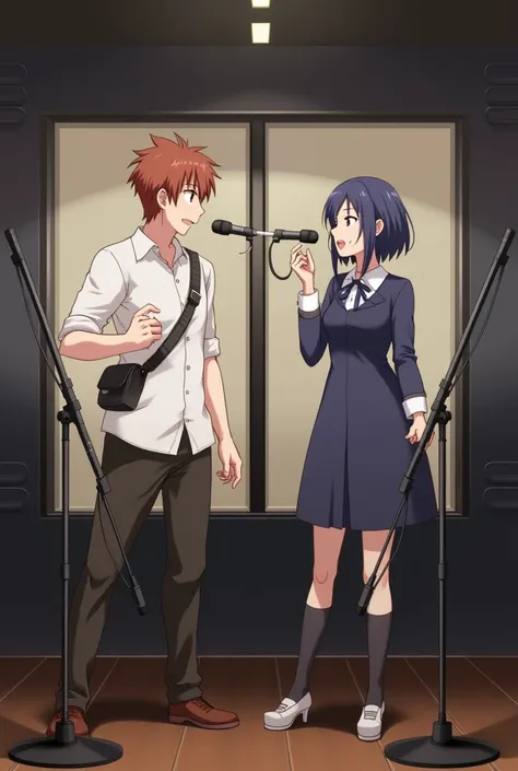 The voice actor is dubbing。Side by side　While looking at the screen　men and women　2 people　  anime characters stand in the recording booth while 　I don&#39;t have a microphone　 microphones are attached to 2 stands　収録ブース内で