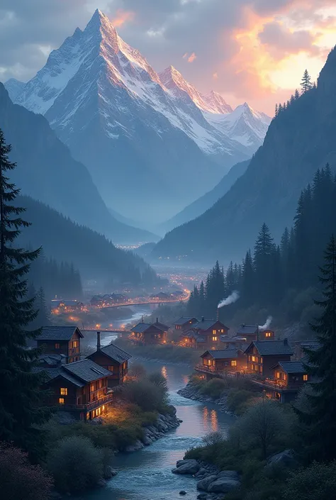 dusky moutain scenery with a village and lights