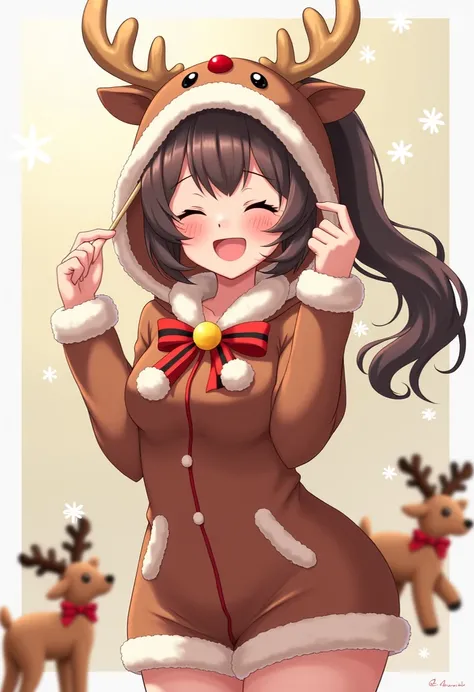 Create a festive illustration of a cheerful woman dressed in a Christmas-themed outfit. She has antlers on her head, a bright smile, and wears a cozy reindeer-inspired costume with decorative bows and a bell at her collar. Focus on correcting the anatomy a...