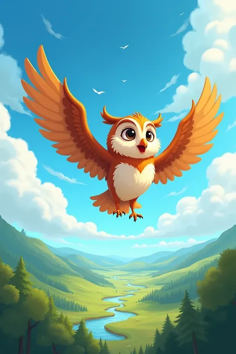 Make a cartoon version of an owl flying in sky and looking towards the ground 