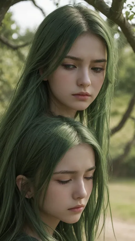 a european girl, detailed face and eyes, delicate features, half-closed eyes, green eyes, long messy hairstyle, green hair, very sad, angry, shy, sitting against a tree