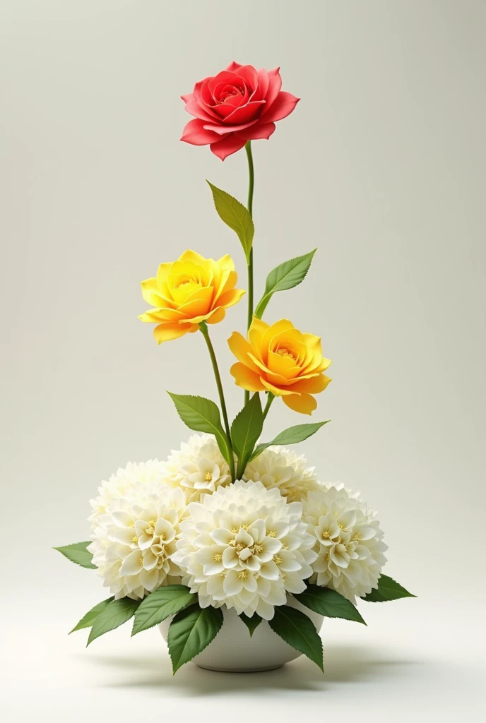  Small centerpiece with white hydrangea on the base,  2 yellow roses and 1 red rose above  
