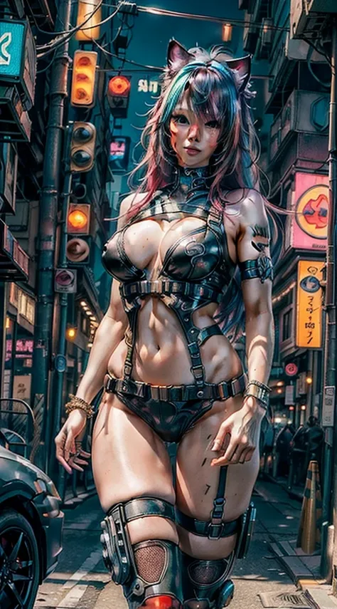 (Foto RAW, best quality, master part:1.2), (Realistic, photo-realistic:1.4),(master part:1.4),(best quality:1.4), ((cyberpunk sexy cat)),  Big breasts , :d, (fringe), Blush, ((colorful body harness)), ((dynamic pose)), cowboy shot, (((cyberpunk city street...