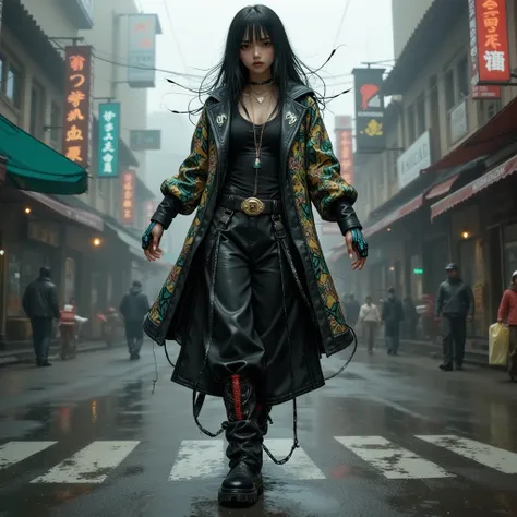 cinematic still, Cyberpunk female android with cyber face implants levitating in the middle of the street, day of the dead, wearing a long flowing Gucci jacket, millions of wires, cybernetic implants, biomechanical arms, unusual angle, mexicocore, foggy st...