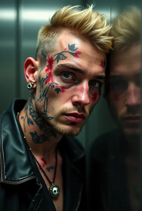  Realistic image of the realistic reflection of a man  , handsome punk  , with tattoos,  with skull rings  ,   expansions on his ears and a pirsing on his nose   ,   light-eyed blond model sweating with scrapes blood with mirror effect rotated red saw film...