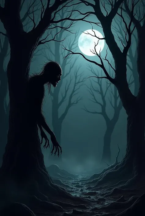  A dense, dark forest during a full moon night ,  with rays of silver light crossing the twisted treetops .  Among the shadows ,  the Dry Body appears partially hidden ,  peeking out from behind a dry trunk . he is thin, with dry and wrinkled skin , Sunken...