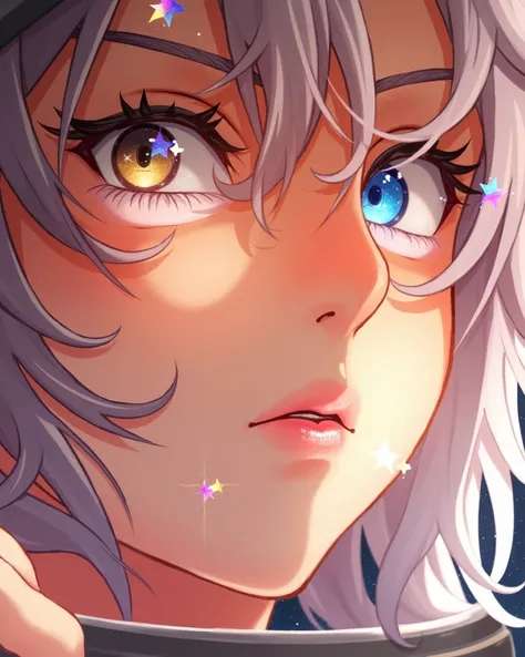  Closeup of a Better Masterpiece：1.5)0.9]、(Space and astronauts：1.2) (Disheveled silver hair：1.1) (Heterochromia and Yellow and Blue Eyes：1.2) ( space helmet：1.0) (Colored stars in the eyes：1.0) (Shining Light：1.1) (Thick lips：0.9)