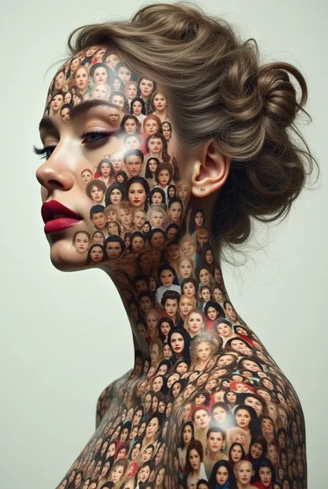 a woman but made of pictures of diferent woman but from shoulder to head abd thepictures not on her body but herself