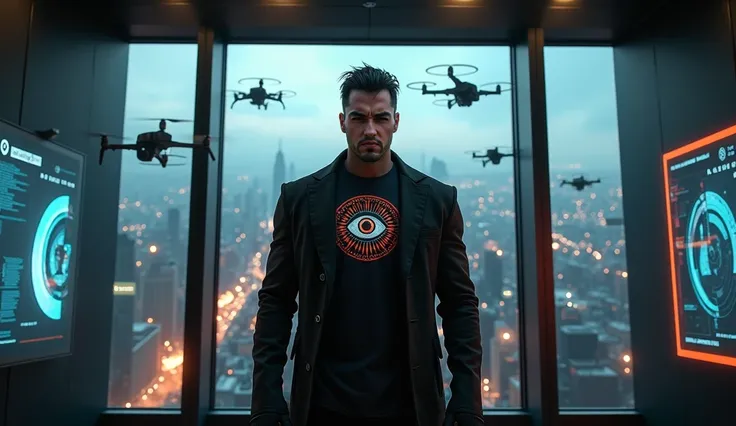 Super realistic and detailed wallpaper, tall muscular man in the office of a skyscraper, looking at the scene of apocalyptic destruction through the windows, drones flying overhead. The mans appearance is severe and attractive, wearing a black jacket, arti...