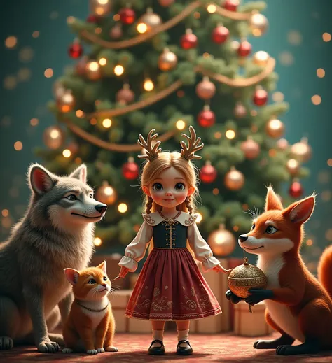 1 girl, New Year ,  elegant Christmas tree  ,  Santa Claus  ,  cat hugs the mouse  ,  fox holds the kolobok ,  baba yaga kind  , good wolf  