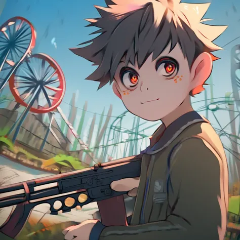 anime group of ukrainian monster boy,firing ak rifle ,masterpiece),on Pripyat amusement park ,best quality,expressive eyes,perfect face ,4k, modern style detailed illustration