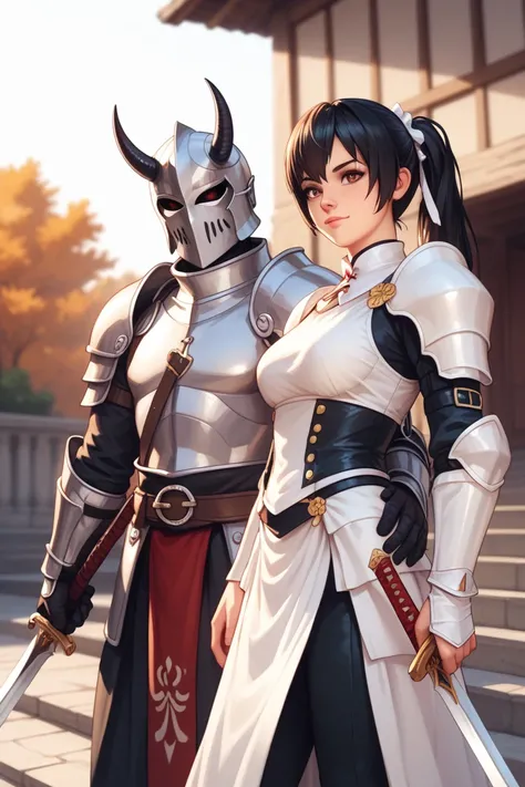  Create me a young man in the anime style with black steel armor similar to that of Dante Devil my and  ,Nagujo de Arifureta ,  black cabello,  brown eyes injected with veins both inside and outside the arms ,  steps on a  of a woman with white armour like...